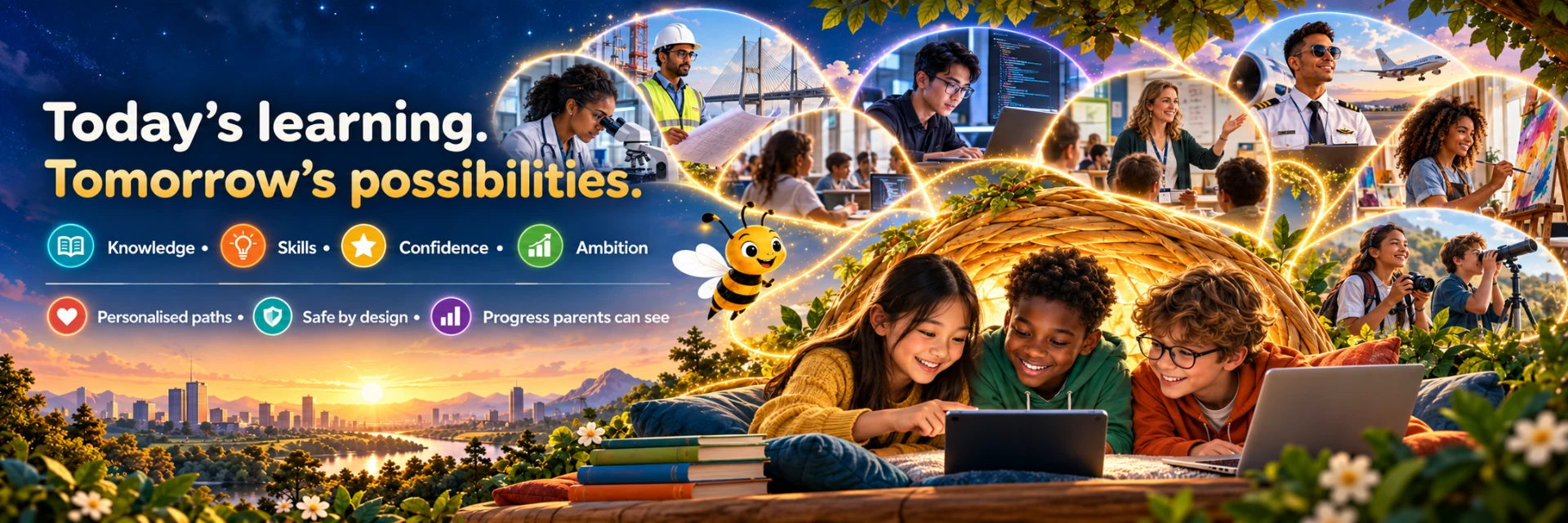 Today's learning. Tomorrow's possibilities. Children learning together with future careers illustrated around them.